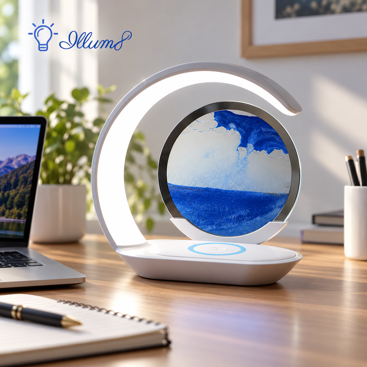 Quicksand Table Lamp Wireless Charging Desk Lamp 3D Hourglass Ornaments Sand Painting Night Light for Office Room Decoration
