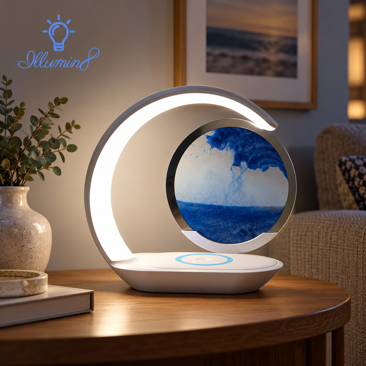 Quicksand Table Lamp Wireless Charging Desk Lamp 3D Hourglass Ornaments Sand Painting Night Light for Office Room Decoration