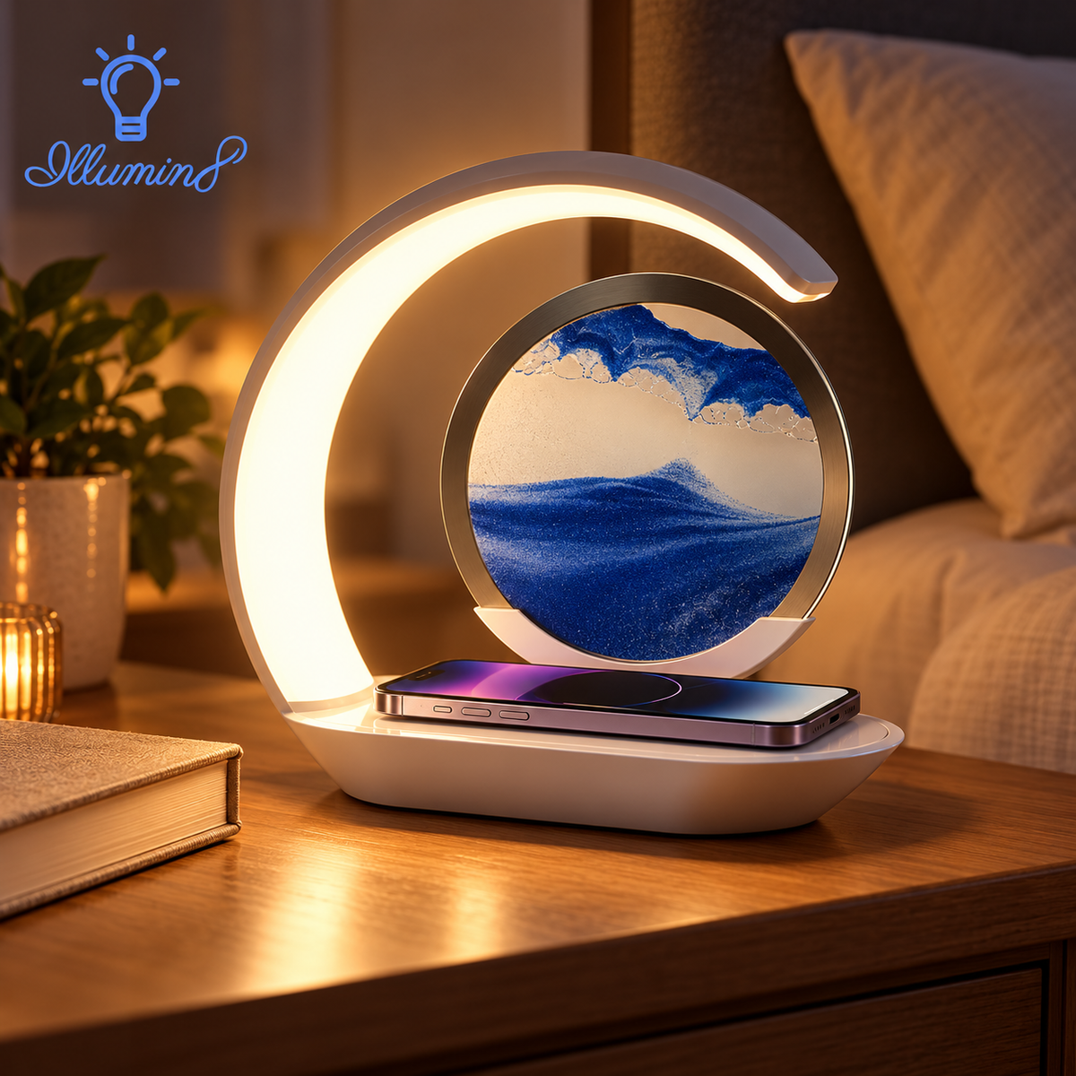 Quicksand Table Lamp Wireless Charging Desk Lamp 3D Hourglass Ornaments Sand Painting Night Light for Office Room Decoration