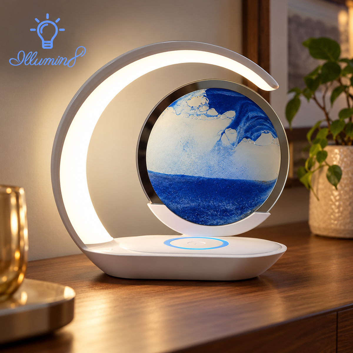 Quicksand Table Lamp Wireless Charging Desk Lamp 3D Hourglass Ornaments Sand Painting Night Light for Office Room Decoration
